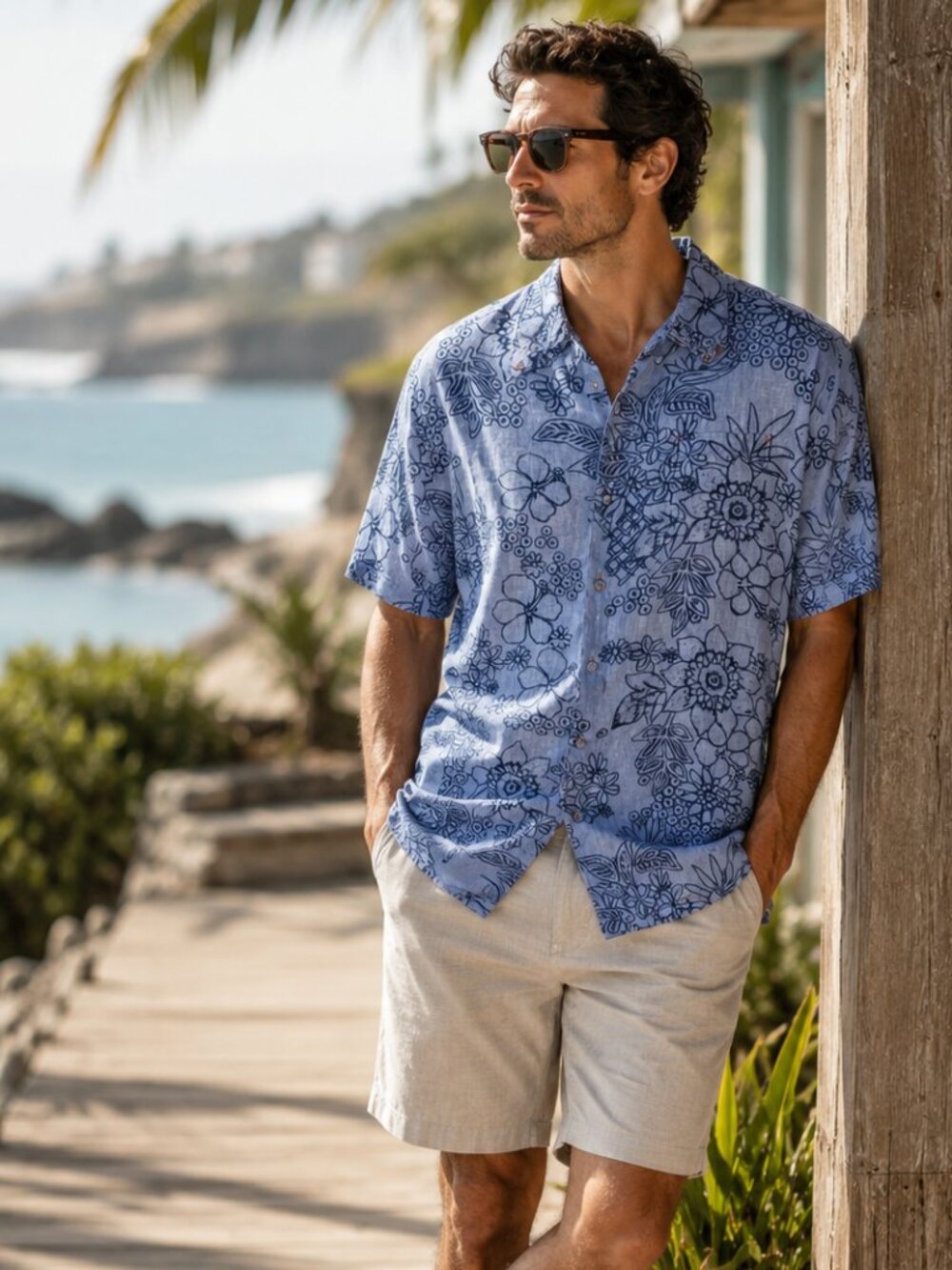 Toes on the Nose 100% Linen Blue Hawaiian Print Short Sleeve Shirt XXL